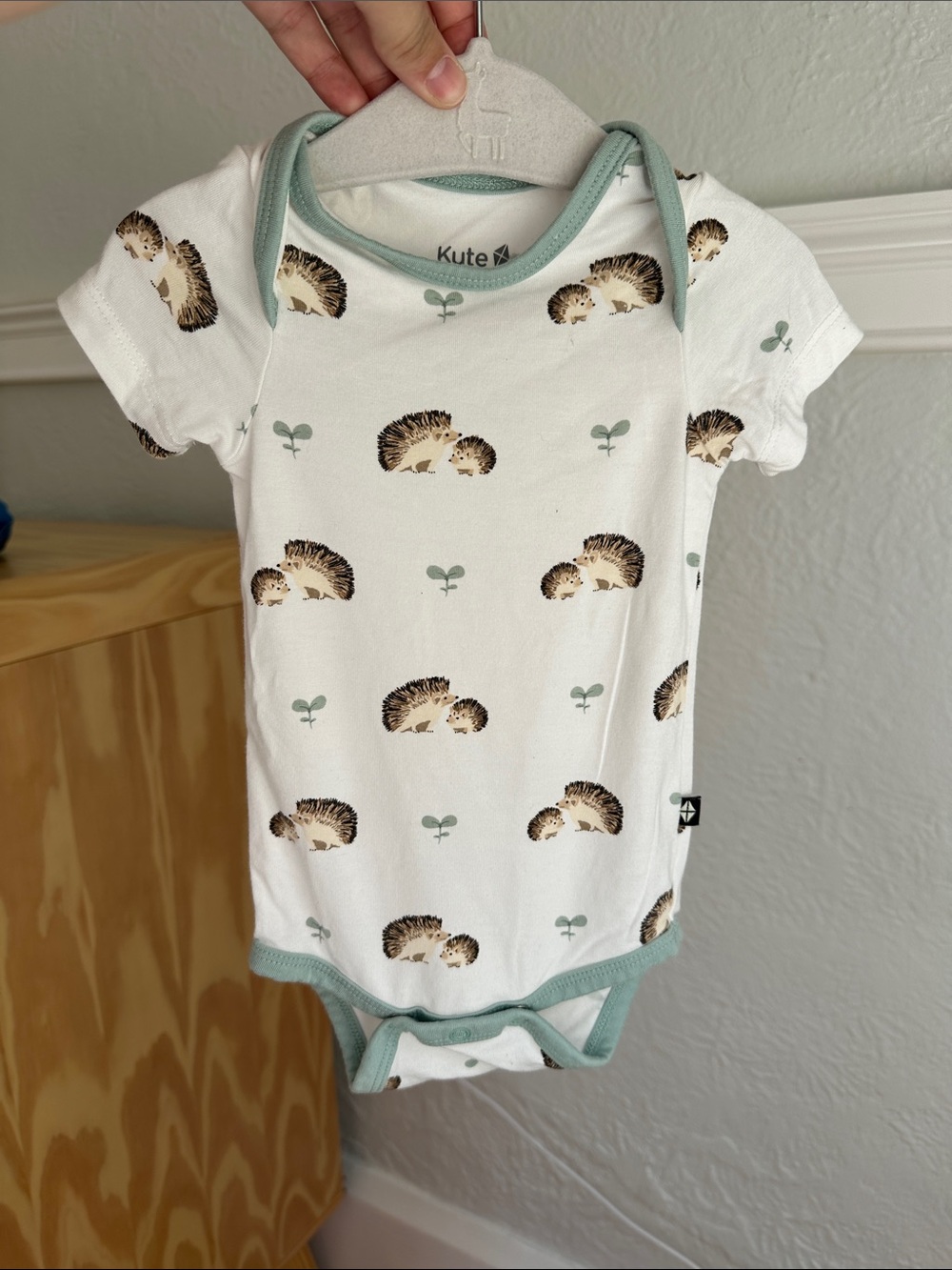 Kyte BABY White Hedgehog Print Onesie with Mint Trim